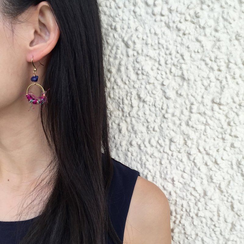 Handmade brass earrings (2cm loop)  |  Fairtrade sari silk  |  Ruby - Earrings & Clip-ons - Other Metals Red
