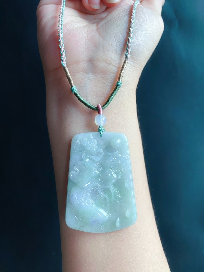 天然緬甸玉 翡翠 綠底飄花帶紫翡 如魚得水 玉質細膩 吊墜  禮物 - 項鍊 - 玉石 綠色