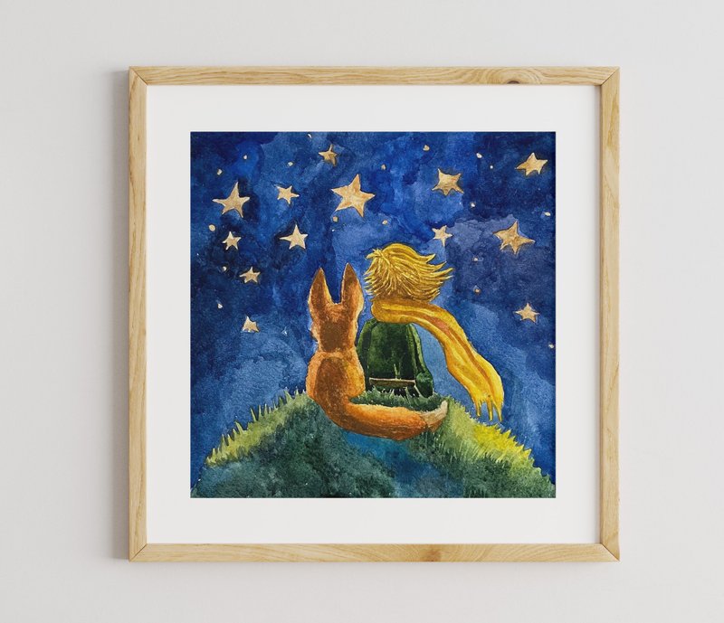 Little Prince original watercolor painting animal art for kids  小王子 - 壁貼/牆壁裝飾 - 紙 藍色