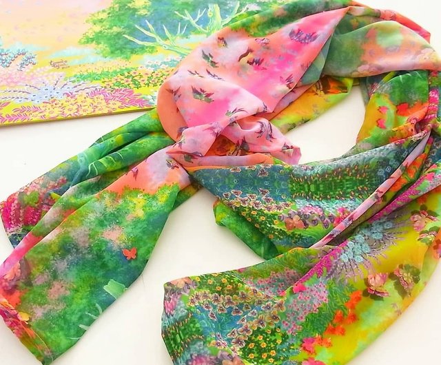 Hand painted silk chiffon scarf, high quality floral stole, iris creation, gift for woman