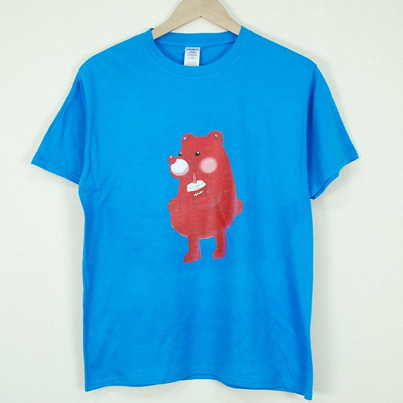 新創設計師-T恤：【熊】短袖T-shirt《中性/修身》(寶藍) -陳小安 - 女 T 恤 - 棉．麻 咖啡色
