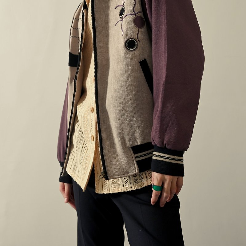【NaSuBi Vintage】Color block design embroidered jacquard vintage jacket - Men's Coats & Jackets - Other Man-Made Fibers 