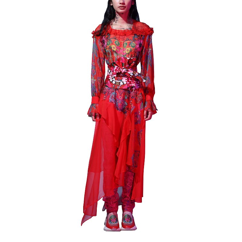 紫禁寨城紅色雪紡長連衣裙