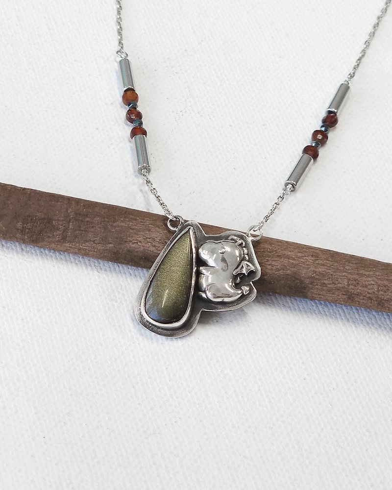 Baby Dino with Gold Sheen Obsidian Gemstone Handmade Sterling Silver Necklace - สร้อยคอ - เงิน สีดำ