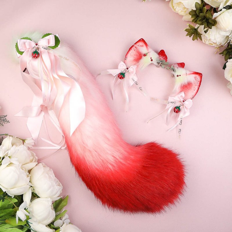 Strawberry Kitten Ears and Tail Set Faux Fur Ears and Tail Set - 髮夾/髮圈 - 其他人造纖維 紅色