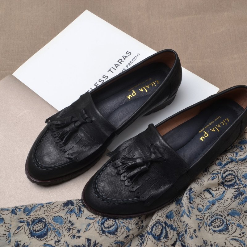 2712 英倫流蘇樂福鞋 Loafers 復古黑 - 女牛津鞋/樂福鞋 - 真皮 黑色