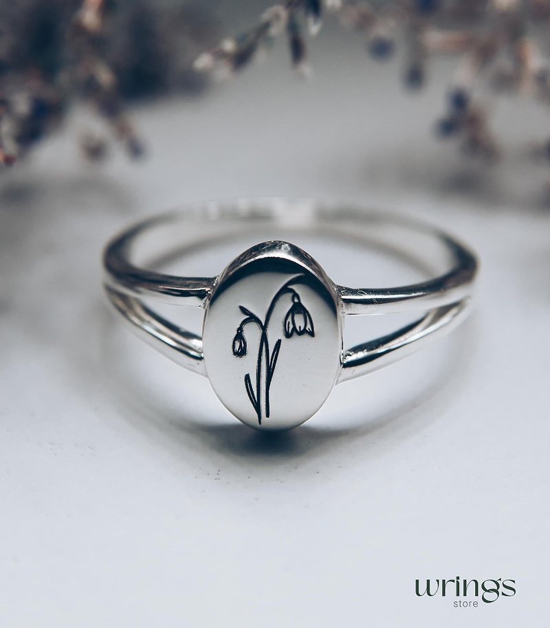 Sterling Silver Oval Signet Ring Engraved Snowdrop Birthflower Split Band - แหวนทั่วไป - เงินแท้ สีเงิน