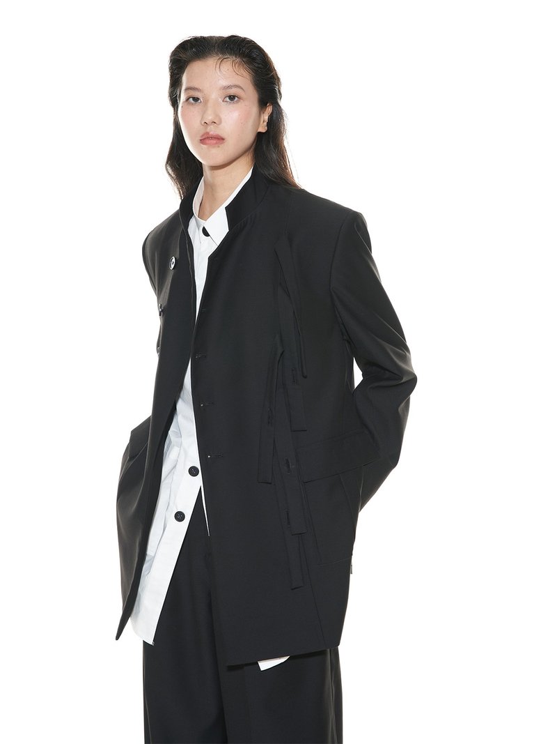中式立領飄帶西裝黑色復古中山裝男女西服外套 - 女上衣/長袖上衣 - 其他材質 黑色