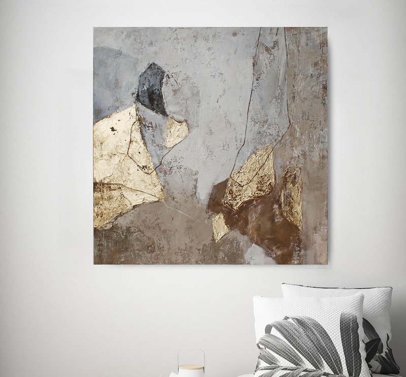 Beige Gold Abstract Painting | Brown Gold Gray Abstract Painting | Amplituda - 壁貼/牆壁裝飾 - 棉．麻 咖啡色