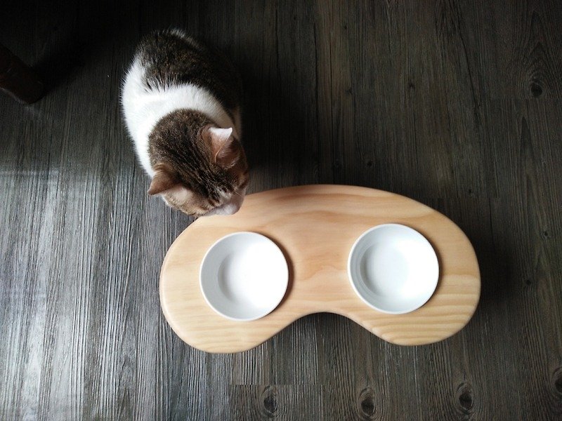 (Limited time discount !!) hair child table series - [curved bowl of beans] increase the increase section (wood X hand for X two porcelain bowl) - Pet Bowls - Wood Brown