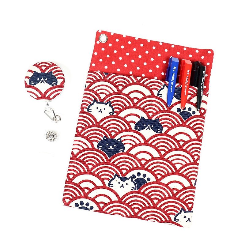 Physician's Robe Pocket Leak-proof Ink Pen Case + ID Holder-Qinghai Bo Cat (Red) - Pencil Cases - Cotton & Hemp Red