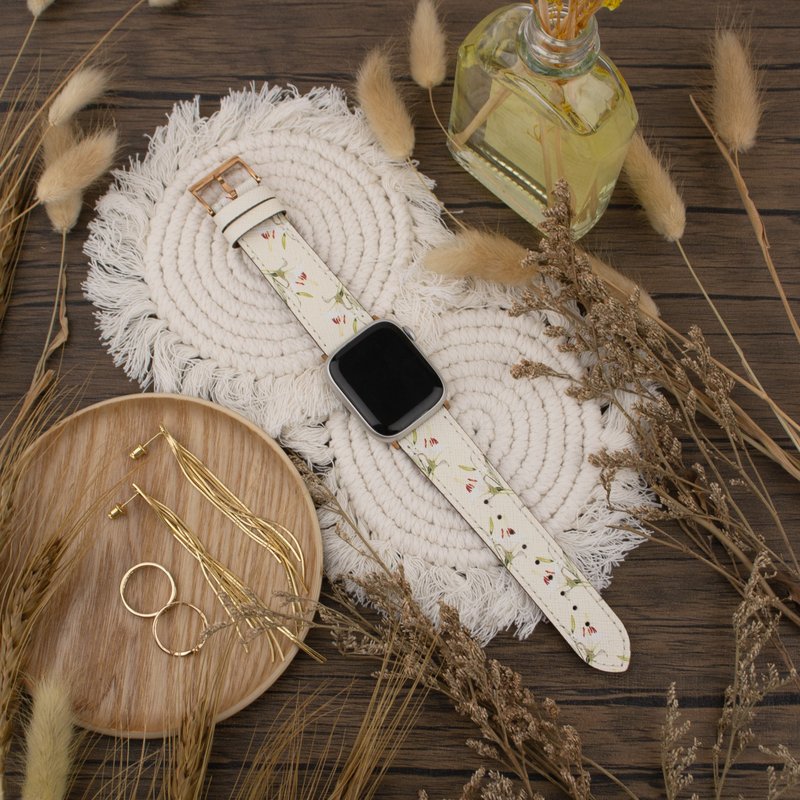 Lily Blossom Flower White Calf Leather Apple Watch Strap 4/5/6/7/8/9/SE/Ultra - สายนาฬิกา - หนังแท้ ขาว