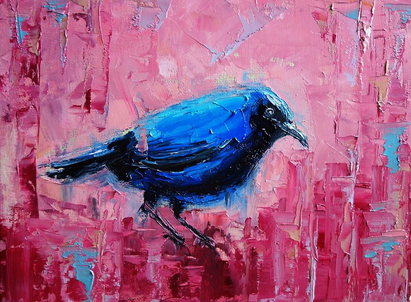 Blue Bird Oil Painting Original Art Bird Artwork Animal Canvas Art - โปสเตอร์ - วัสดุอื่นๆ หลากหลายสี
