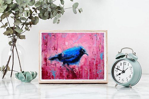 ブルー鳥油絵オリジナルアート鳥アートワークアニマルキャンバスアート 