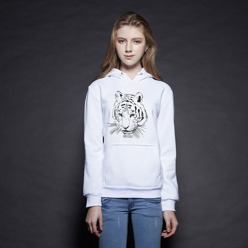 British Fashion Brand [Baker Street] Tiger Printed Hoodie - เสื้อฮู้ด - ผ้าฝ้าย/ผ้าลินิน ขาว
