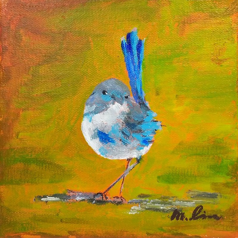 溪邊的鳥   原創手繪油畫  獨一無二 - 壁貼/牆壁裝飾 - 棉．麻 
