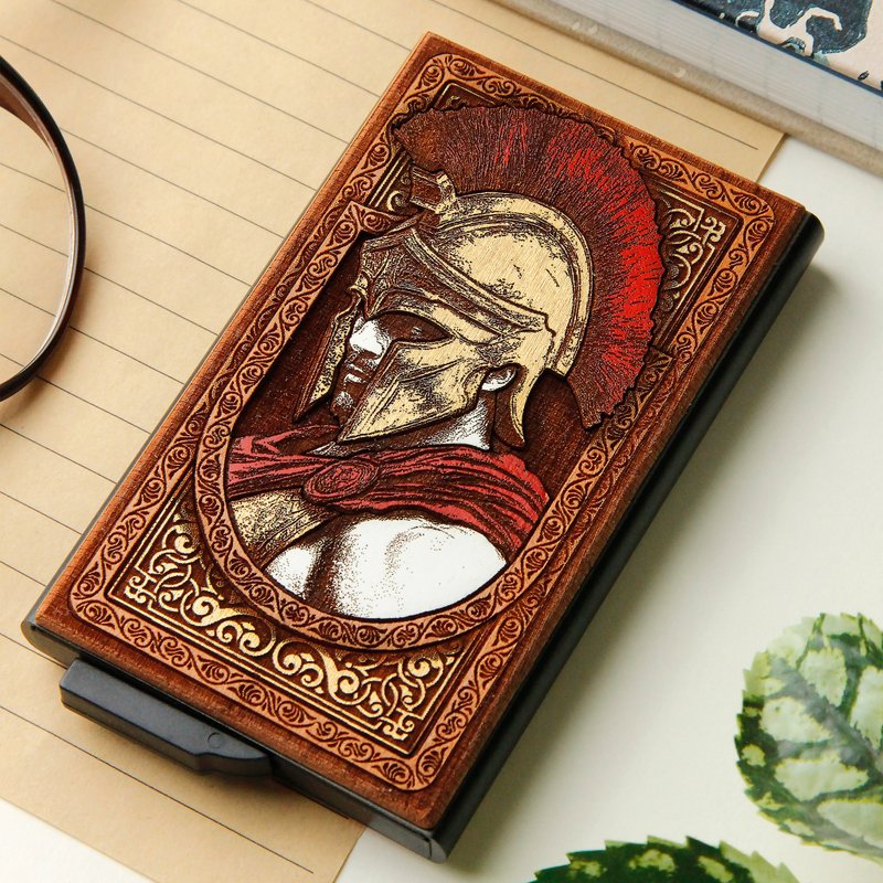 Spartan -  Wooden card holder with laser engraving + hand painting - 名片夾/名片盒 - 木頭 咖啡色