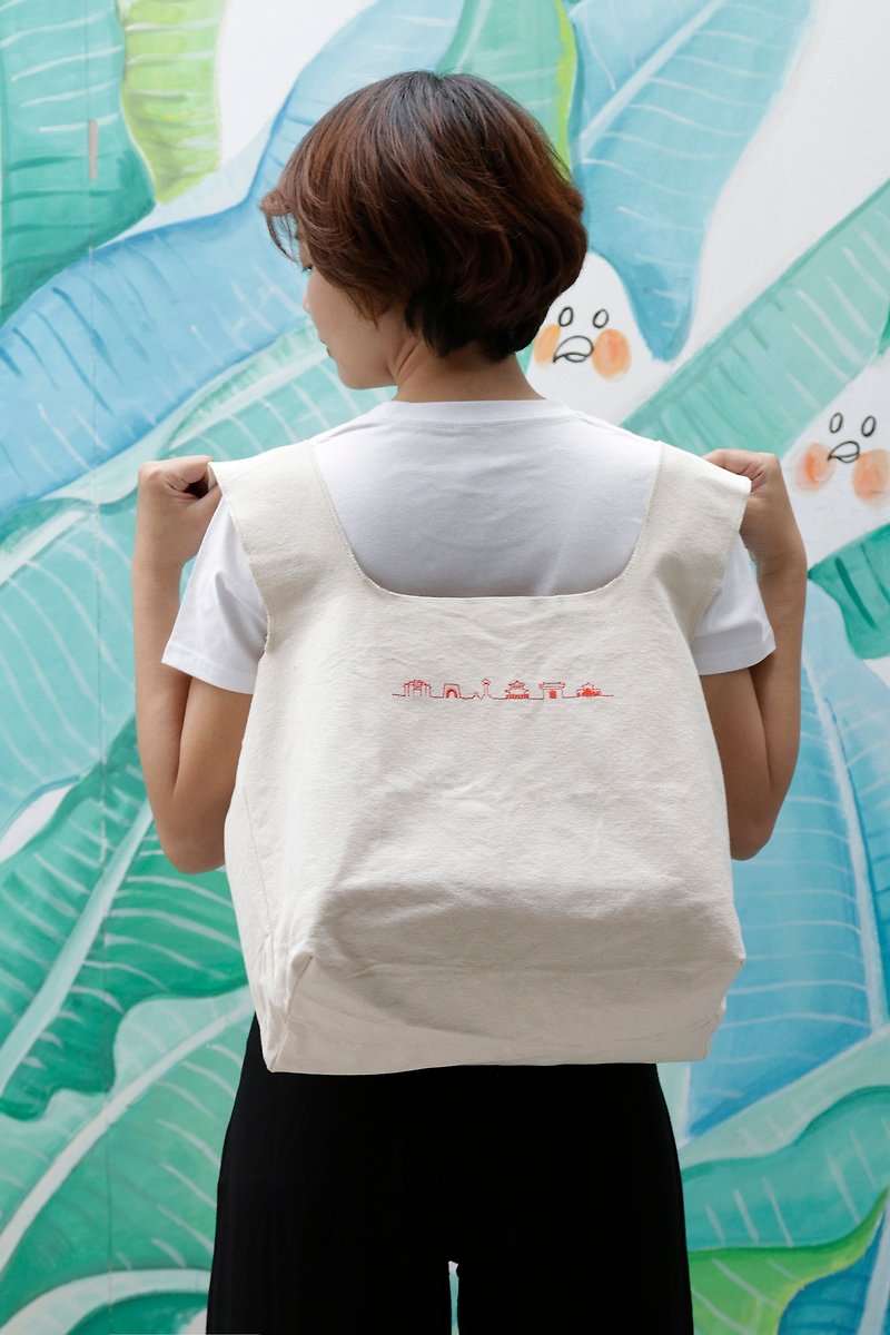 Canvas Bag with Embroidery Historic sites  / 3-way portable shopping bag / MIT - กระเป๋าแมสเซนเจอร์ - ผ้าฝ้าย/ผ้าลินิน ขาว