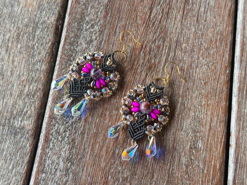 20251143 Macrame 南美蠟線 極光23 Swarovski  耳環 - 項鍊 - 銅/黃銅 黑色