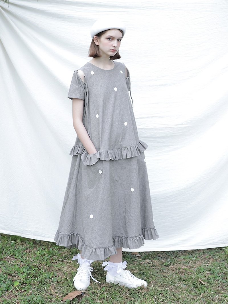 灰色點點香肩連身裙 - imakokoni - 洋裝/連身裙 - 棉．麻 灰色