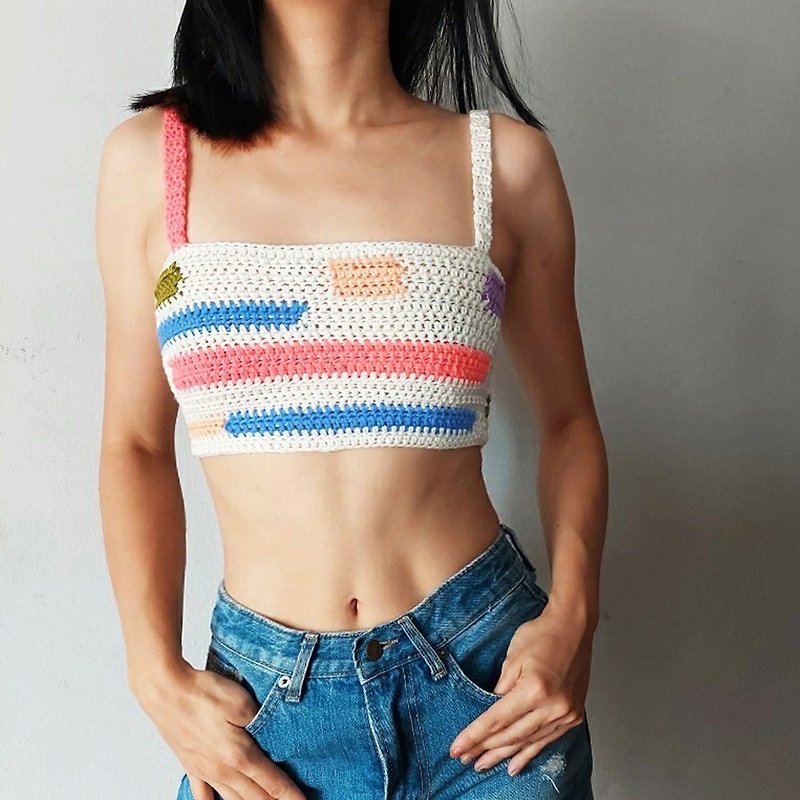 Handmade Canvas N knitpaint cropped top -Dashes on Offwhite - Women's Tops - Other Materials White