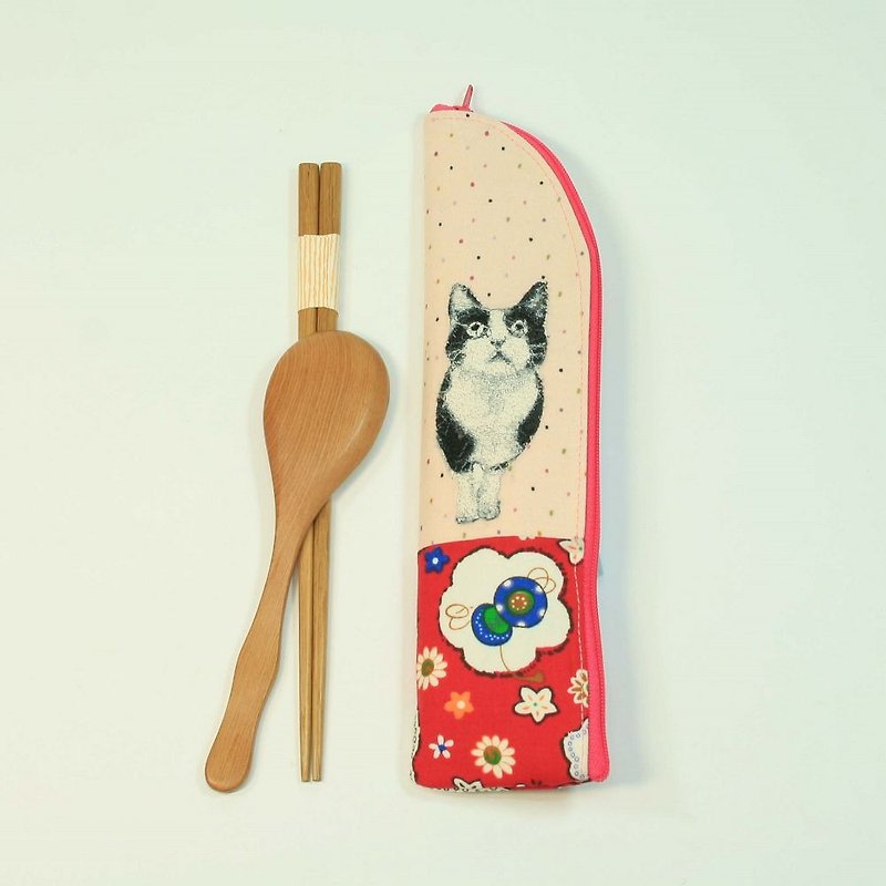 Embroidery Chopstick Bag 08-Cat - ตะเกียบ - ผ้าฝ้าย/ผ้าลินิน สึชมพู