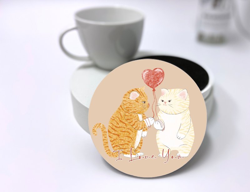 イラスト入り陶器製吸水コースター 夫婦猫（メイラード色） - コースター - 磁器 