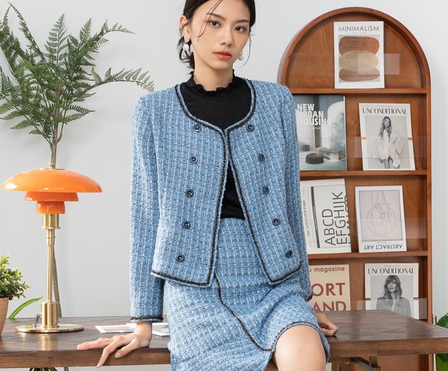 MEDUSA】Double Breasted Blue and Black Chanel Tweed Blazer - Shop medusatw  Women's Blazers & Trench Coats - Pinkoi