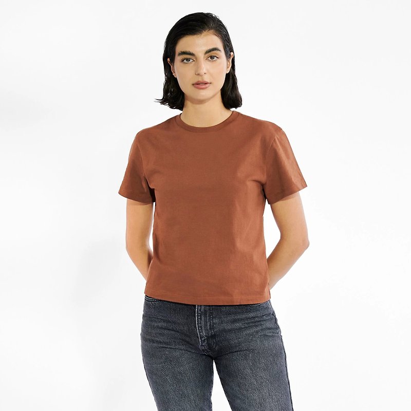 Nordic Minimalist - Biderman Organic Cotton Round Neck Tee / T-Shirt / T-shirt Women (Coffee) - เสื้อยืดผู้หญิง - ผ้าฝ้าย/ผ้าลินิน สีส้ม