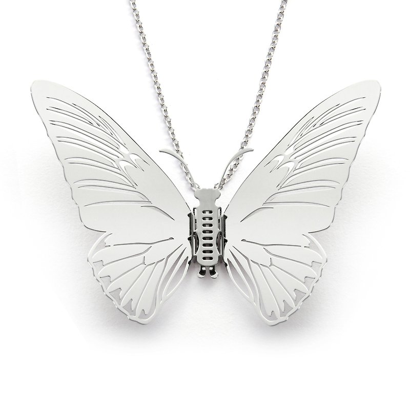 Exchangeable Wings Butterfly Necklace Medical Grade Thin Steel Jewelry Yellow Bird Butterfly Necklace (Silver) Long Chain - สร้อยคอ - โลหะ สีเงิน