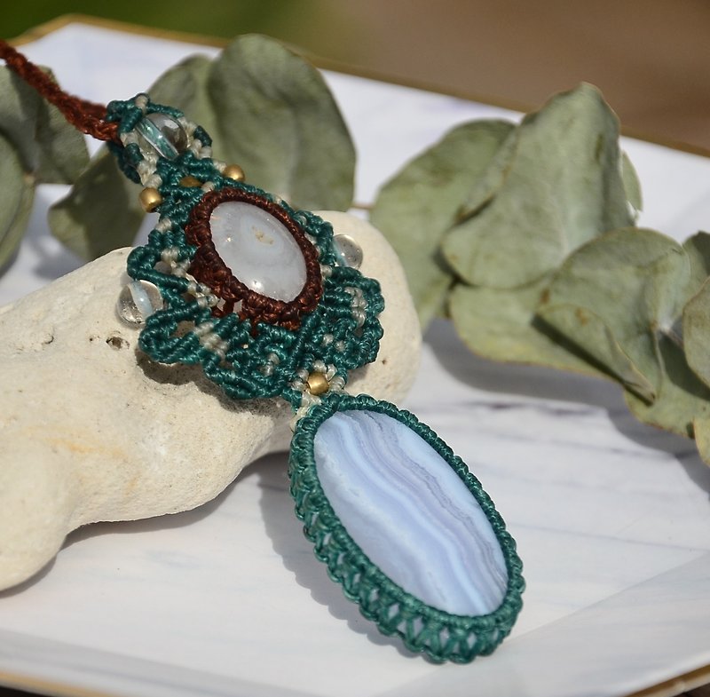 Blue Lace Agate Macrame Necklace - Necklaces - Gemstone Blue