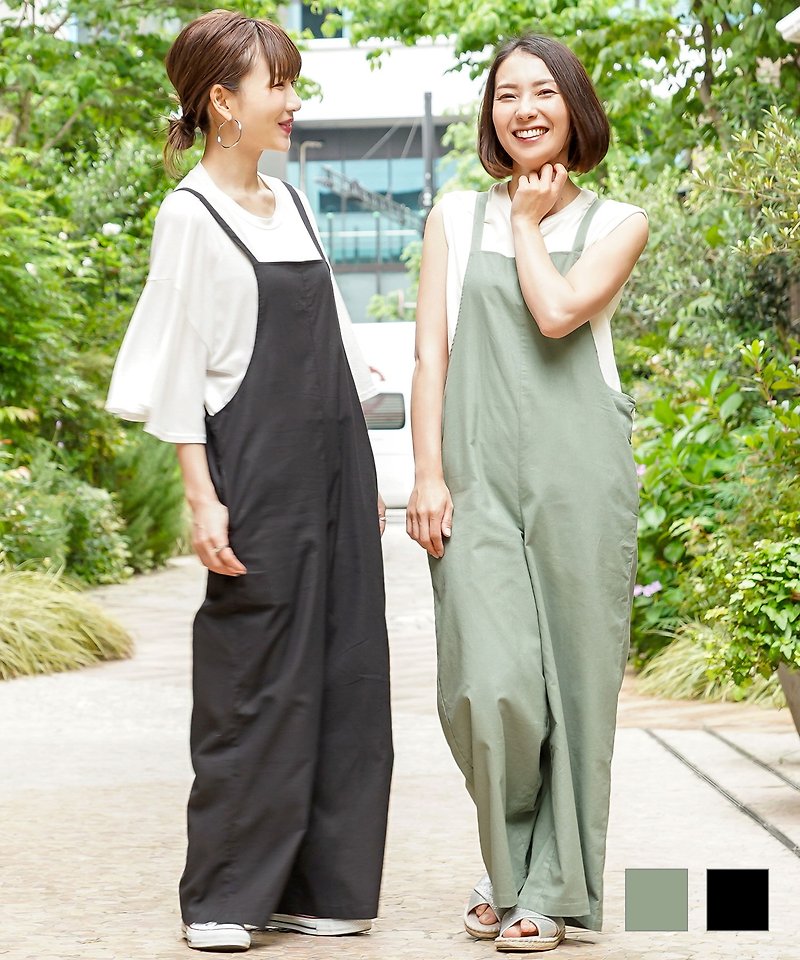 SPECIAL SALE All-in-one cotton material Back ribbon / JS × momo.yokko - Overalls & Jumpsuits - Cotton & Hemp Khaki