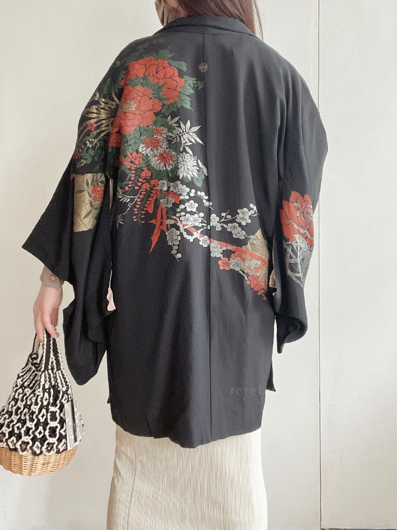 春夏日本製和風印花黑色薄款古著羽織和服外套 - 女大衣/外套 - 聚酯纖維 黑色