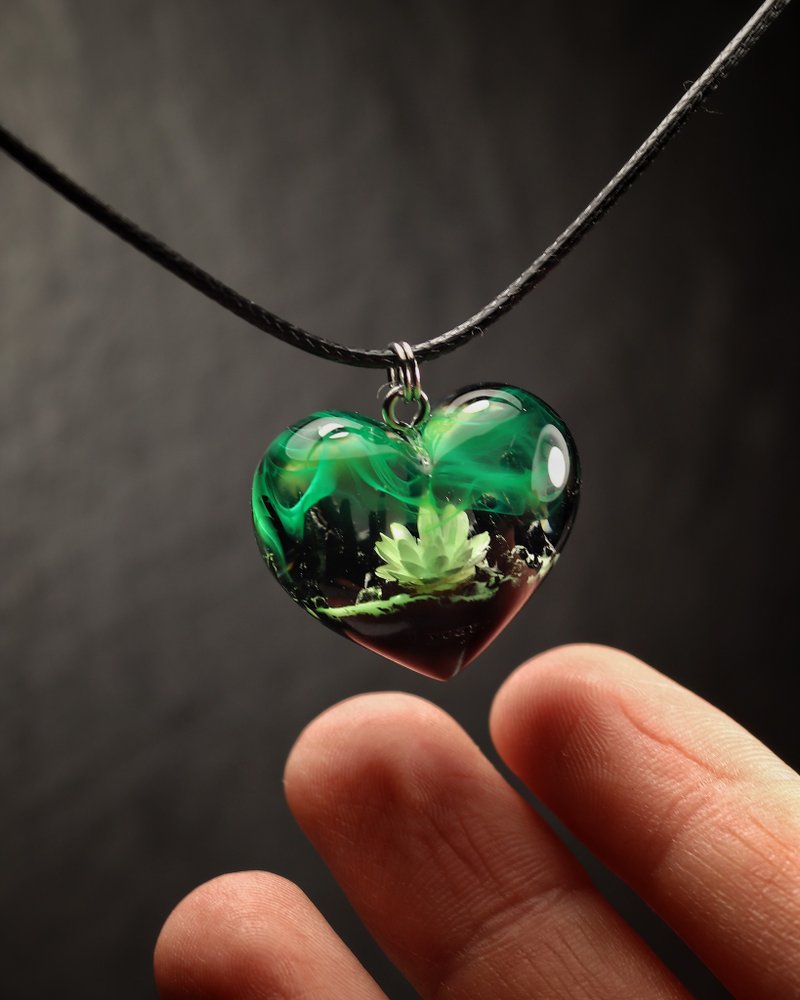 Wood resin pendant Lotus pendant Flower pendant Handmade jewelry - Necklaces - Wood Green