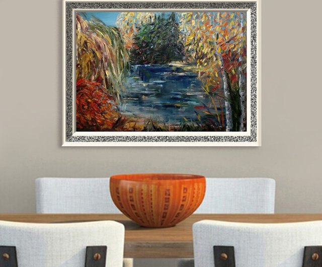 紅葉、川の風景、オリジナルの厚塗り絵画、活気に満ちた現代