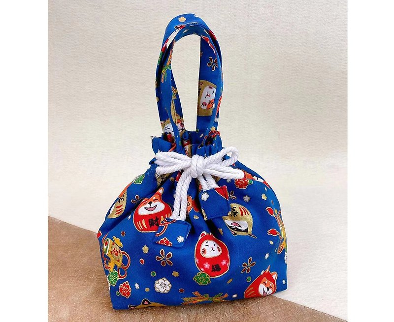 Festive handbag-Dharma Cat - กระเป๋าถือ - ผ้าฝ้าย/ผ้าลินิน สีน้ำเงิน