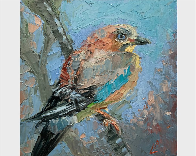 Jay bird portrait oil painting Blue Beautiful bird Spring Polar Animal - ตกแต่งผนัง - วัสดุอื่นๆ สีน้ำเงิน