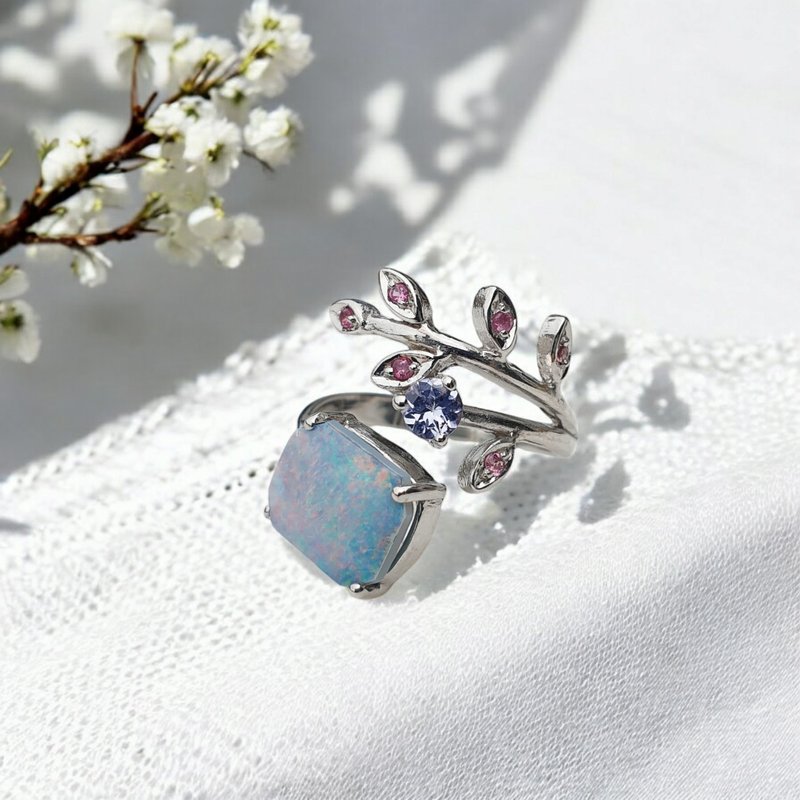 Australian Opal ring with Tanzanite and Pink tourmaline, silver setting - General Rings - Gemstone Blue