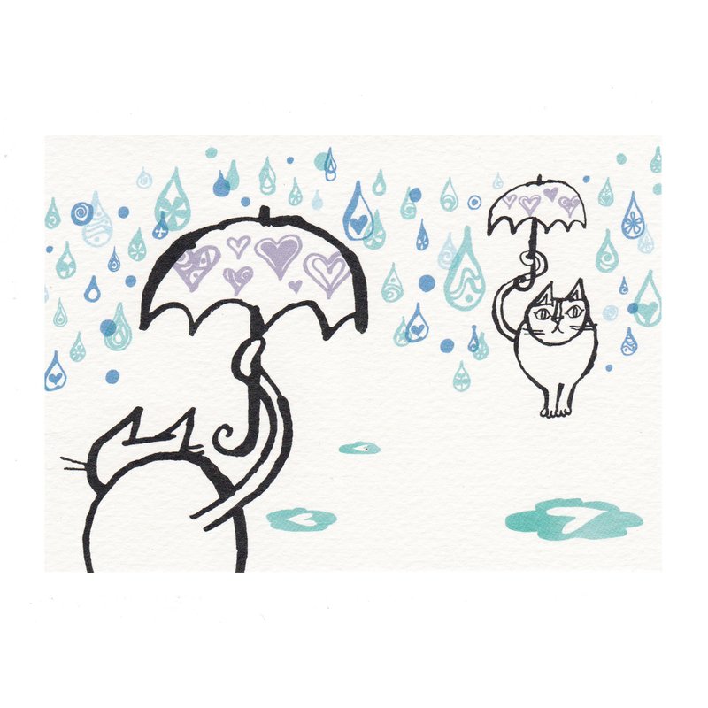 日本插畫家 岡部哲郎 貓咪明信片【下雨天還是去找你】 - 卡片/明信片 - 紙 藍色