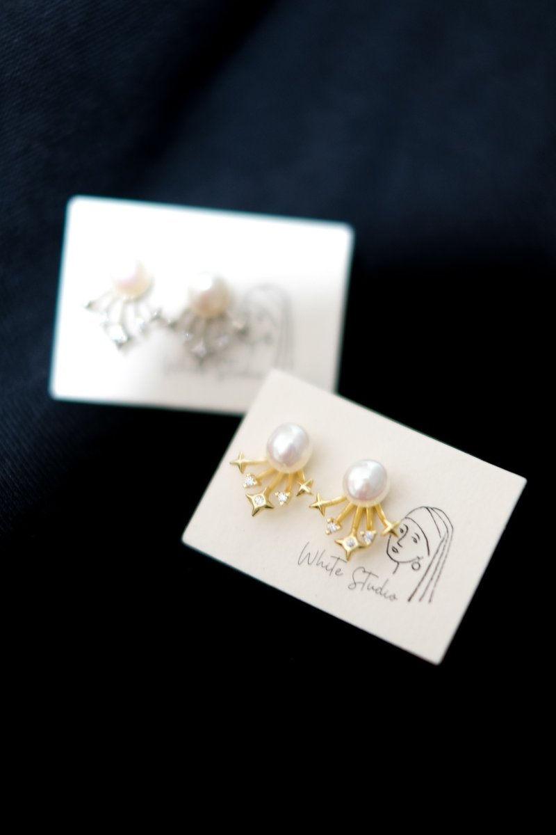 The brightest star - Freshwater Pearl and CZ stone sterling silver Ear Studs - Earrings & Clip-ons - Sterling Silver Gold