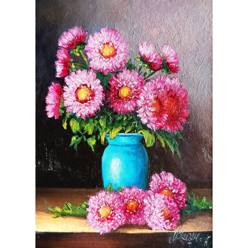 Flower painting . the picture is framed. Pink Asters still life. - ตกแต่งผนัง - กระดาษ สึชมพู