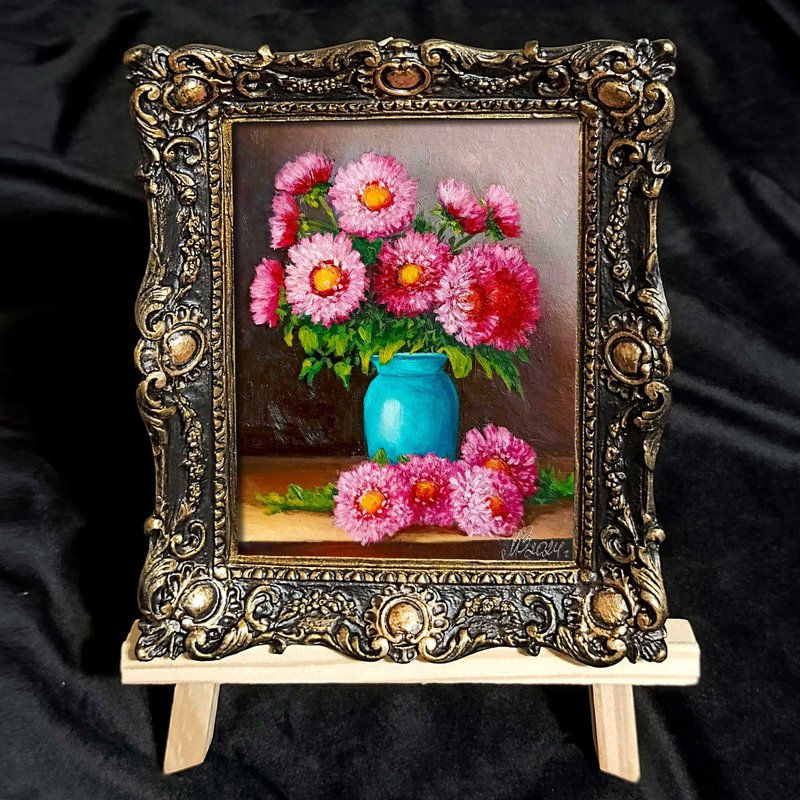 Flower painting . the picture is framed. Pink Asters still life. - ตกแต่งผนัง - กระดาษ สึชมพู