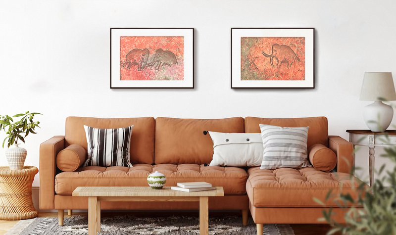 Mammoth hunting painting interior Prehistoric art Watercolor end pastel drawing - 海報/掛畫/掛布 - 紙 紅色