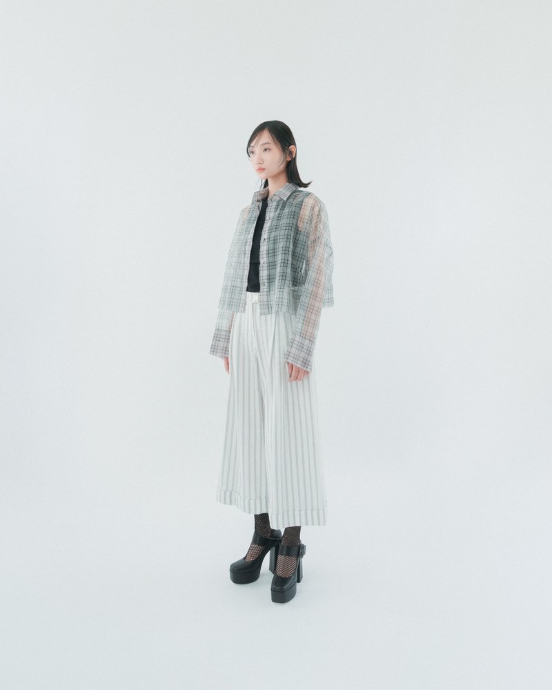 UUIN_ Gray and white striped reflex-fold wide pants - กางเกงขายาว - ผ้าฝ้าย/ผ้าลินิน สีเทา