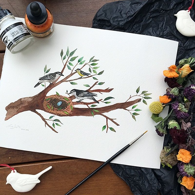 Bird Family 10x7 Watercolour Art Print - 海報/掛畫/掛布 - 紙 