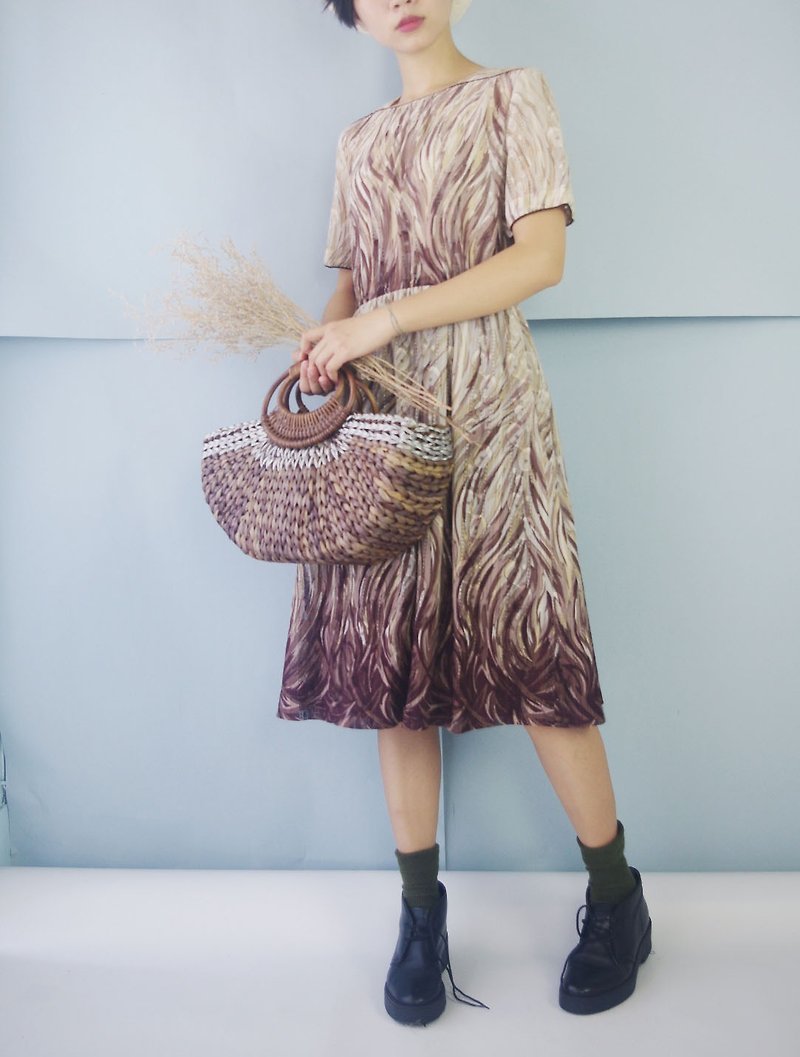 尋寶古著-藝術氣息咖啡色氣質蕾絲復古洋裝 - 連身裙 - 其他人造纖維 咖啡色