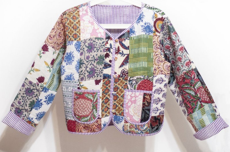 木刻印純棉外套 印度棉有機棉 手工蓋印拼接鋪棉外套-粉紫色花朵 - 女大衣/外套 - 棉．麻 多色