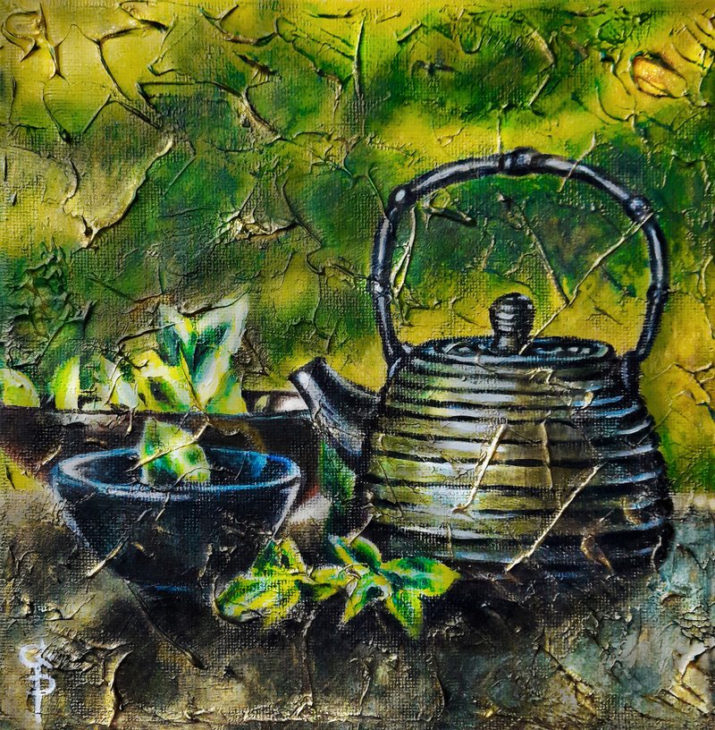 Tea Cup Painting Oil Canvas on stretch Original Still life Teapot Wall Art - 壁貼/牆壁裝飾 - 其他材質 金色