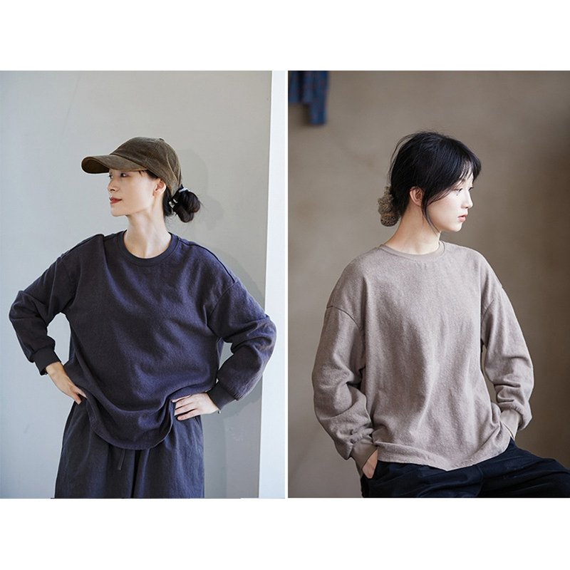 Two-color linen cotton loose casual round neck women's pullover sweatshirt - เสื้อผู้หญิง - ผ้าฝ้าย/ผ้าลินิน 