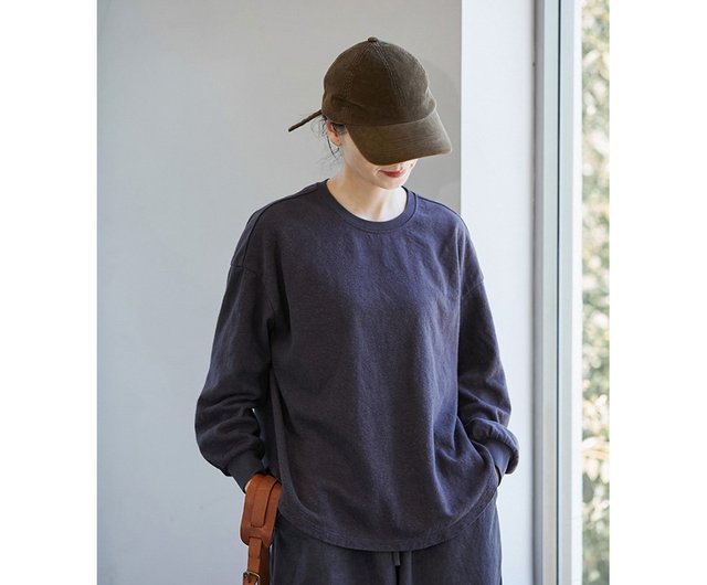 Two color linen cotton loose casual round neck women s pullover sweatshirt Shop NoZen Women s Tops Pinkoi